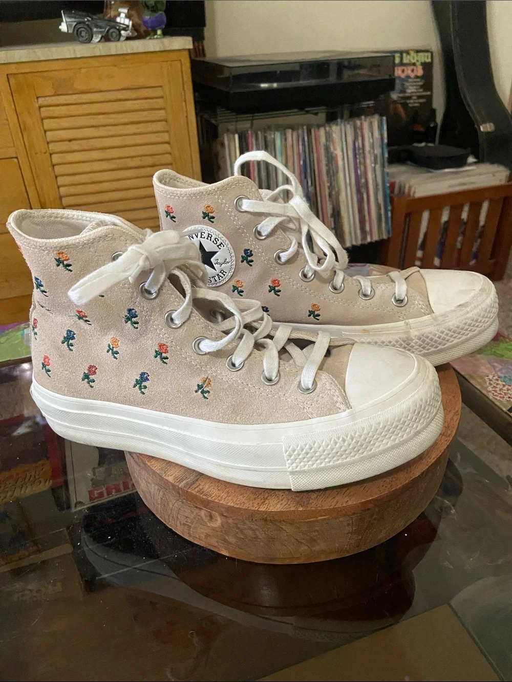 Converse Beige/Pink Floral High-Top Platform Sneakers
